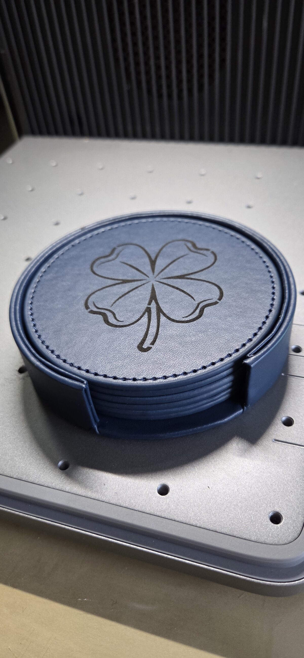 PU Leather Coaster Set with Holder 4 Leaf Clover