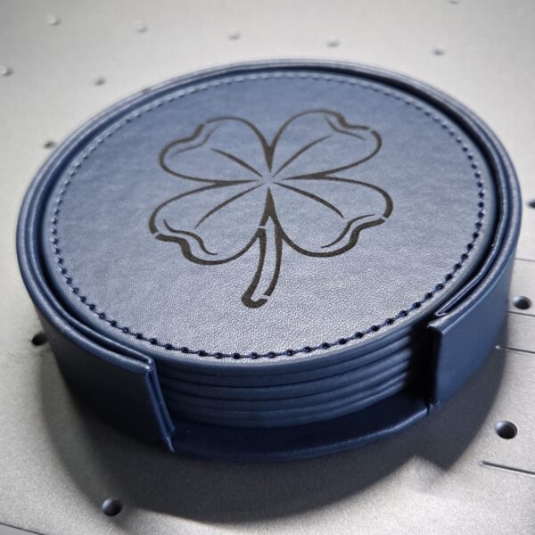 PU Leather Coaster Set with Holder 4 Leaf Clover