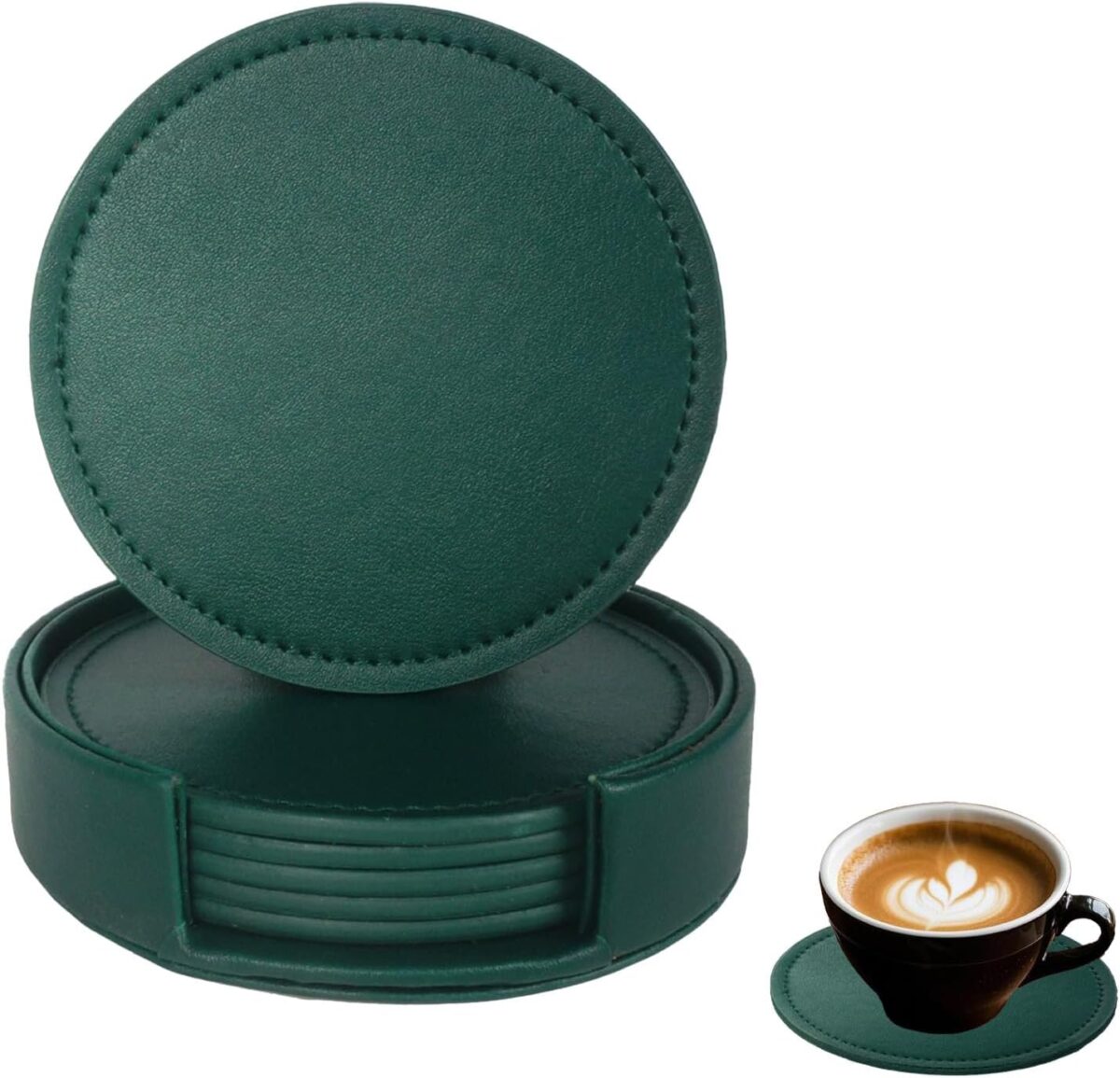 PU Leather Coaster Set with Holder Green