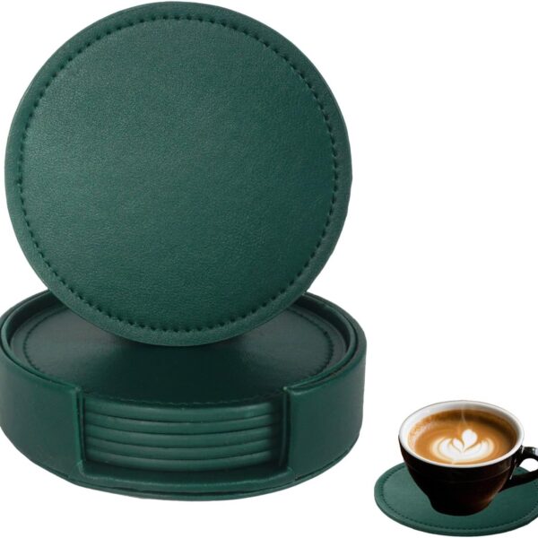 PU Leather Coaster Set with Holder Green