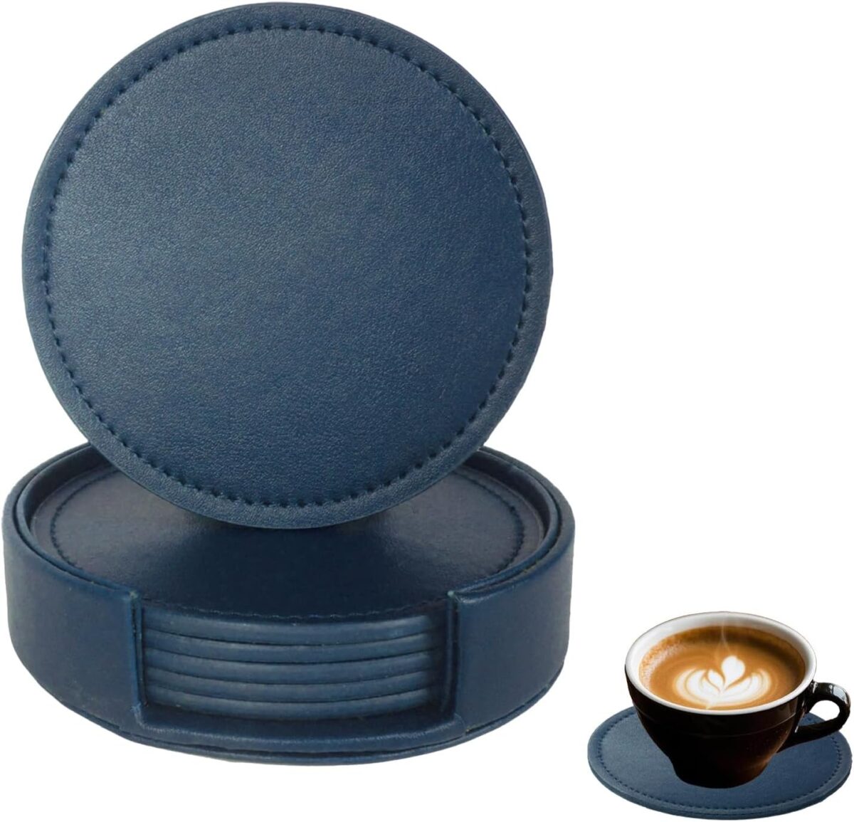 PU Leather Coaster Set with Holder Blue
