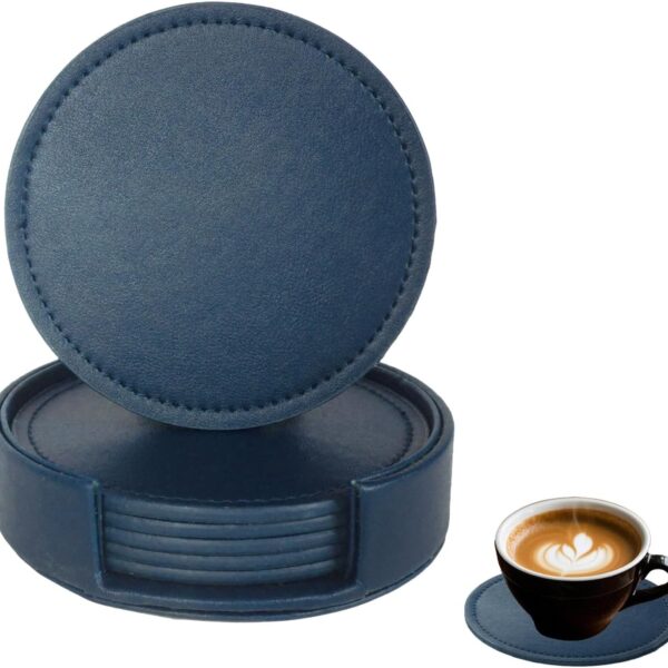 PU Leather Coaster Set with Holder Blue