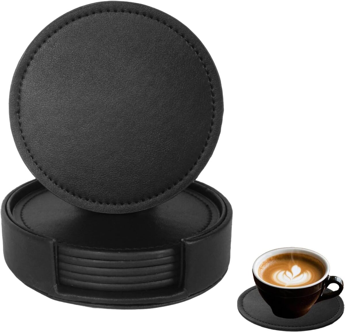 PU Leather Coaster Set with Holder Black