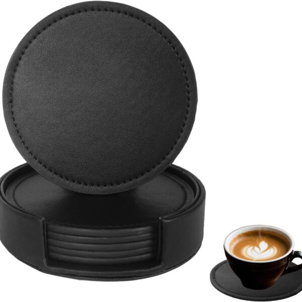 PU Leather Coaster Set with Holder Black