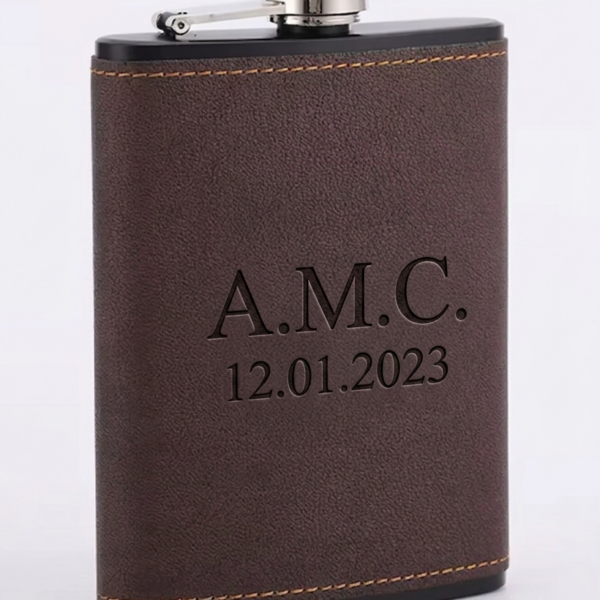 Personalised 6oz Hip Flask with PU Leather Wrap