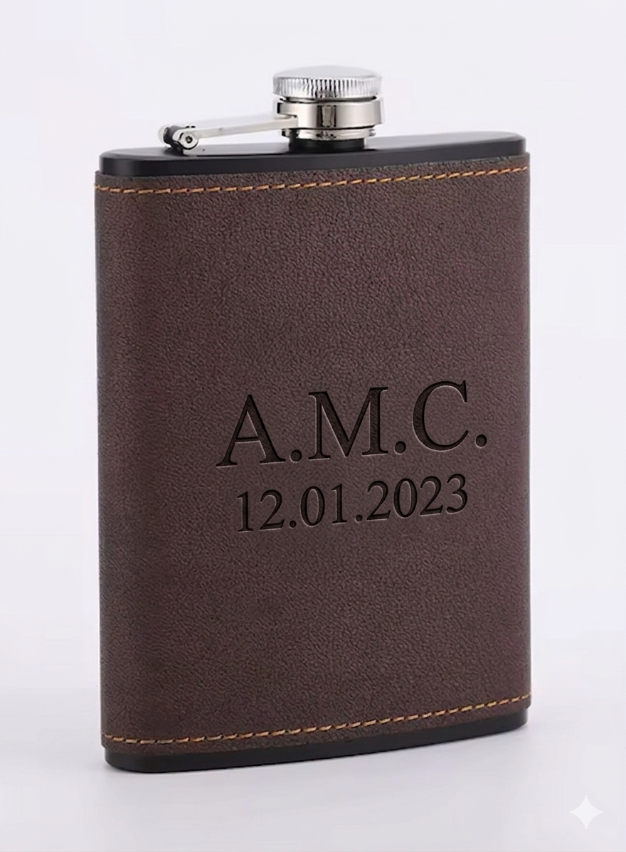 Personalised 6oz Hip Flask with PU Leather Wrap