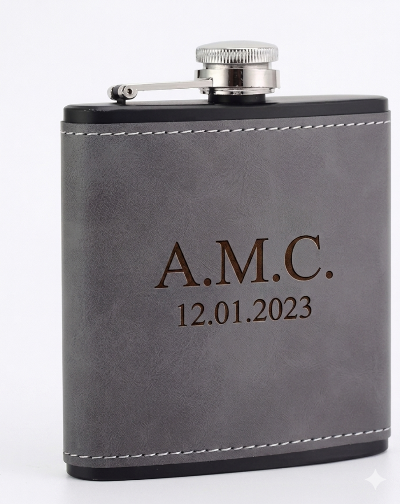 Personalised 6oz Hip Flask with PU Leather Wrap
